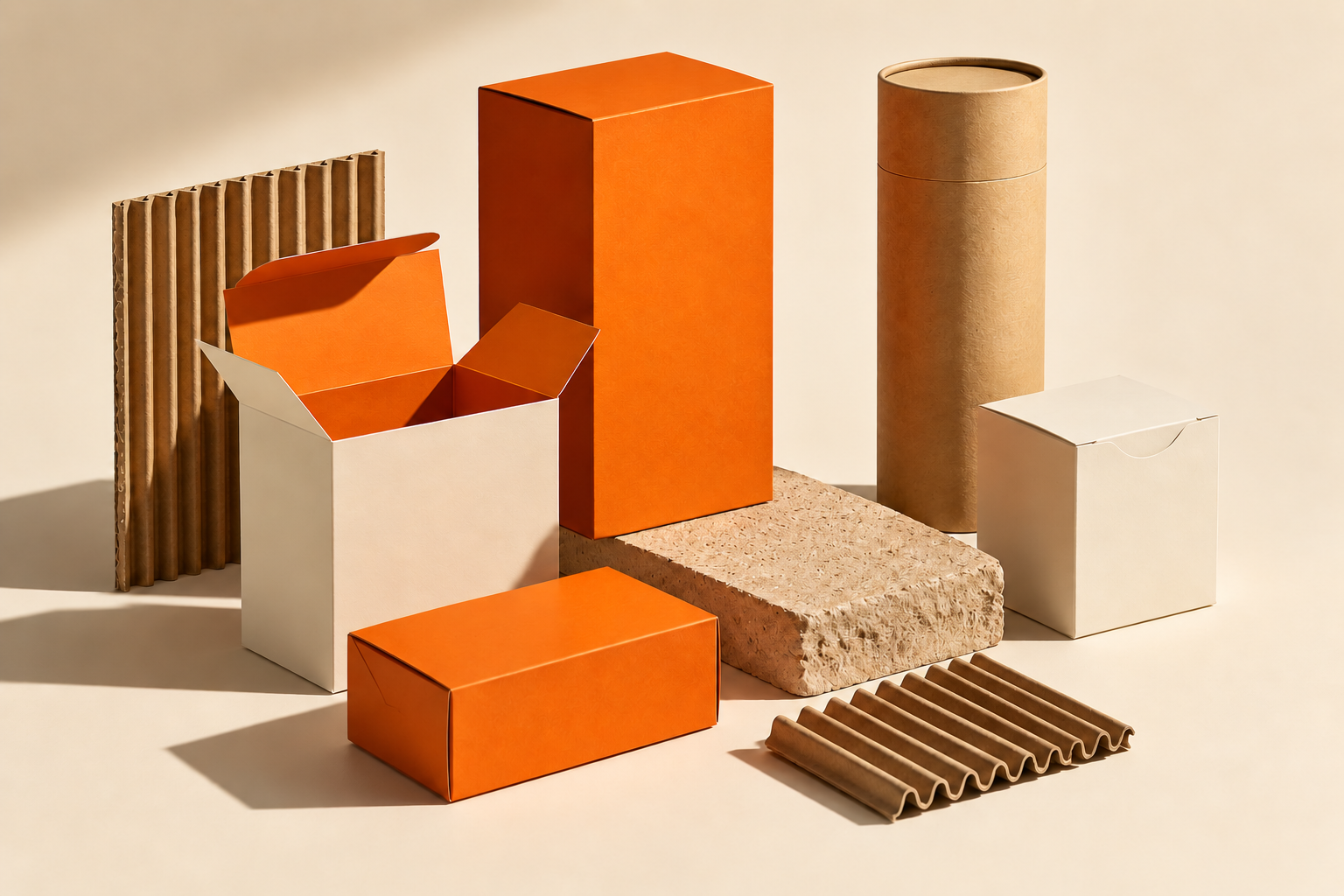Orange and cream cartons, a paper tube and corrugated packaging materials